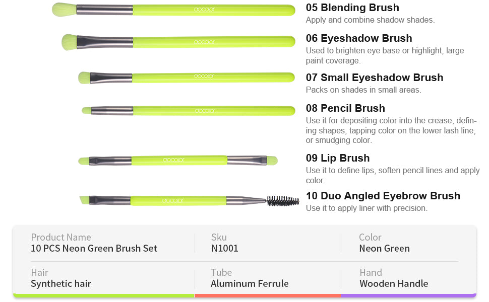 Docolor Neon Makeup Brushes 10pcs Professional Synthetic Hair Powder Foundation Eye Shadows Blending Contour Make Up Brushes