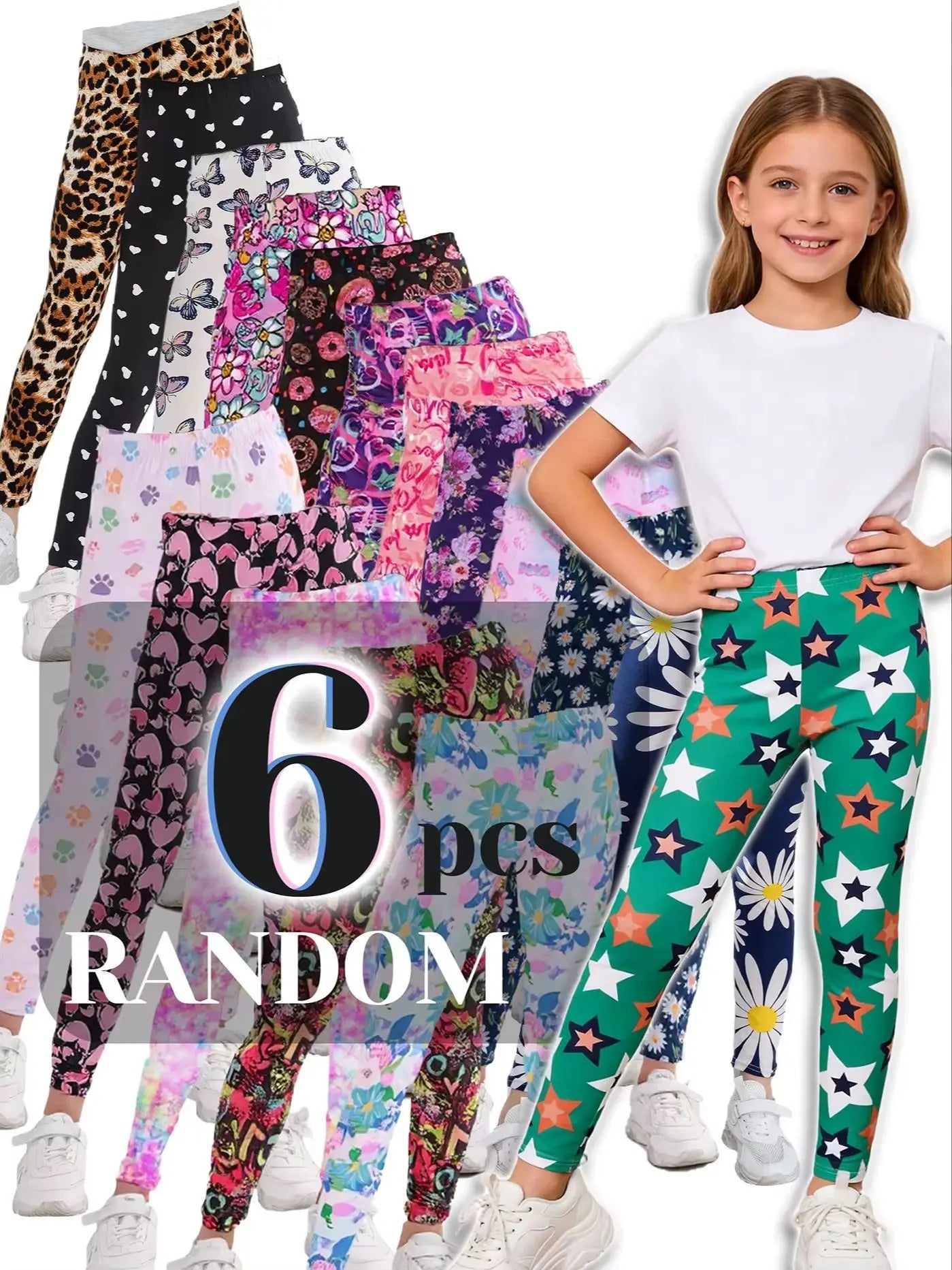 Random 6pcs Girls Stretchy Tight Pants Mix Designs Fashionable Children Flowers Prints Leggings New Year School Clothing Legging
