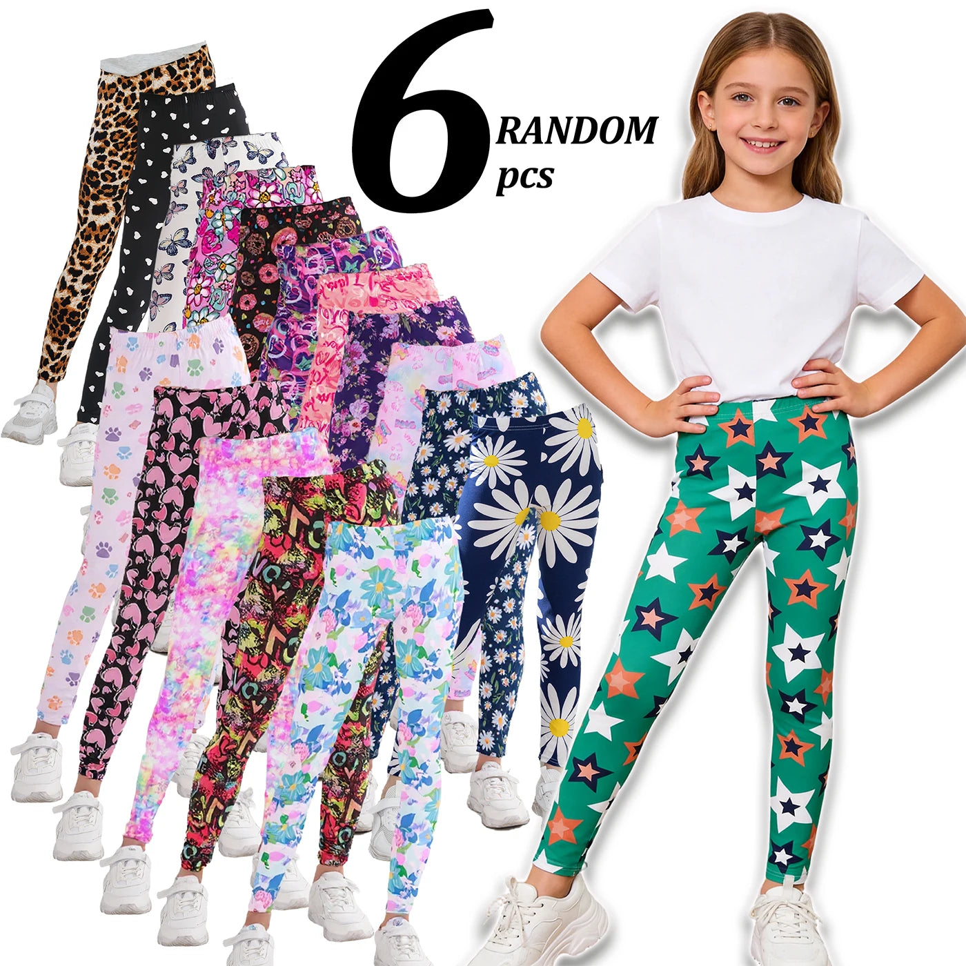 Random 6pcs Girls Stretchy Tight Pants Mix Designs Fashionable Children Flowers Prints Leggings New Year School Clothing Legging