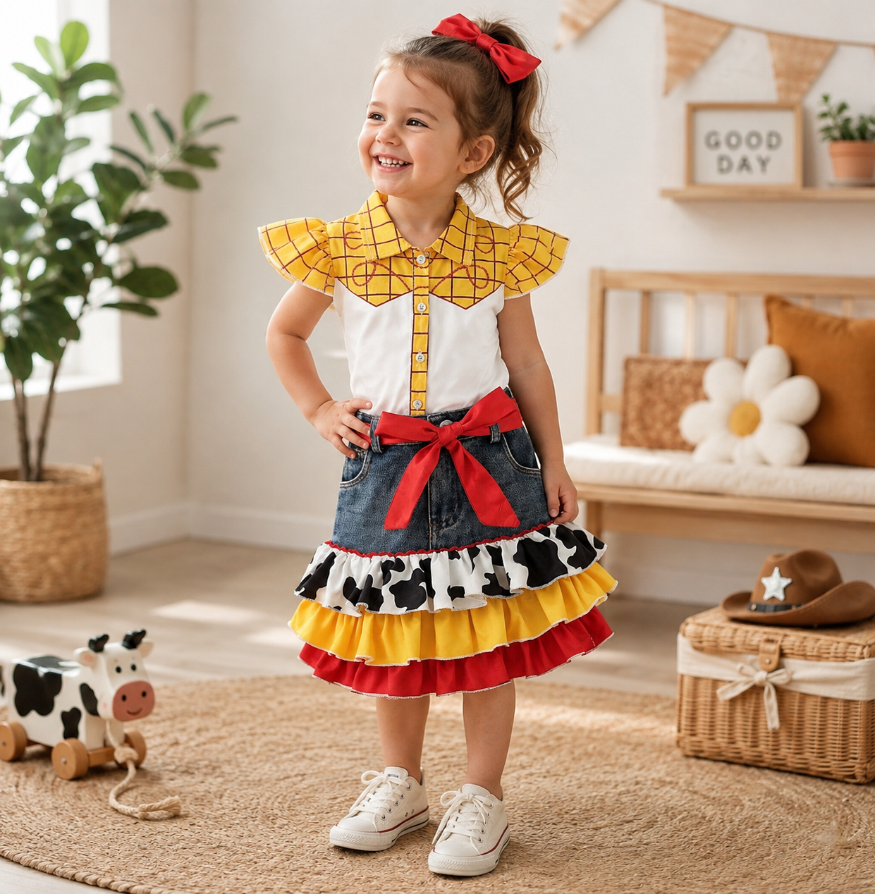 2024-05-11 Lioraitiin Girls Summer Outfits Plaid Print Fly Sleeve Shirts Cow Pattern Ruffles Patchwork Denim Skirt Headband  Set
