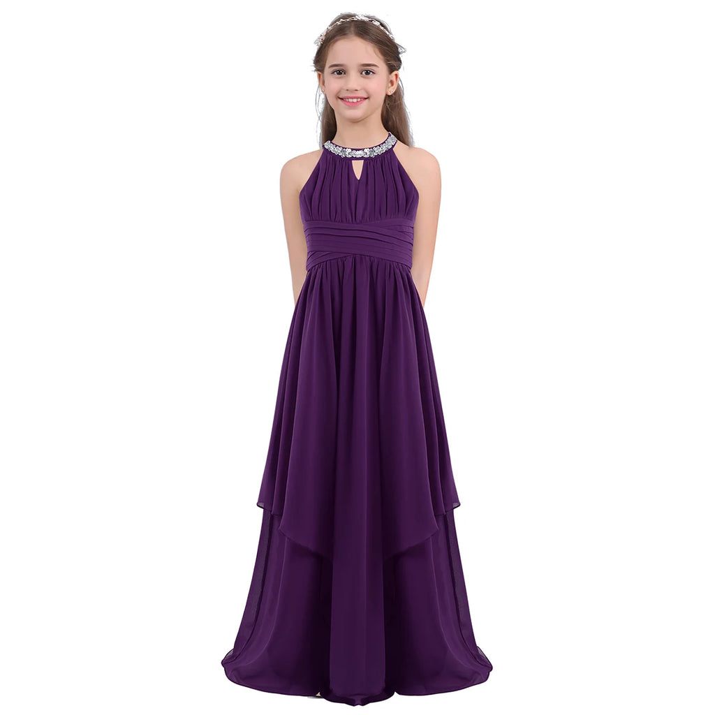 Chiffon Flower Girls Dress Floor-Length Sleeveless Wedding Party Dress Sequined Halter Flower Girl Dress Princess Pageant Dress