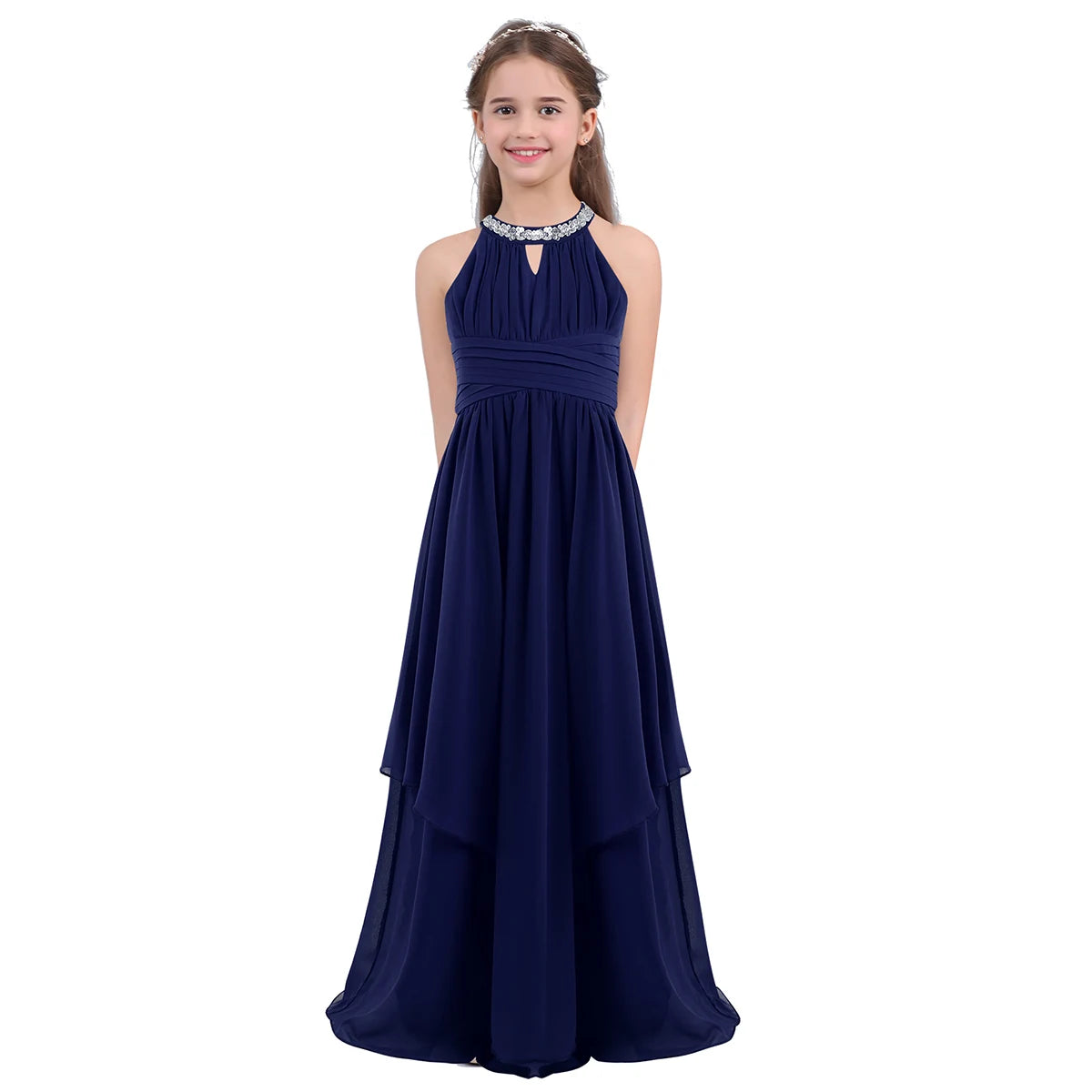 Chiffon Flower Girls Dress Floor-Length Sleeveless Wedding Party Dress Sequined Halter Flower Girl Dress Princess Pageant Dress