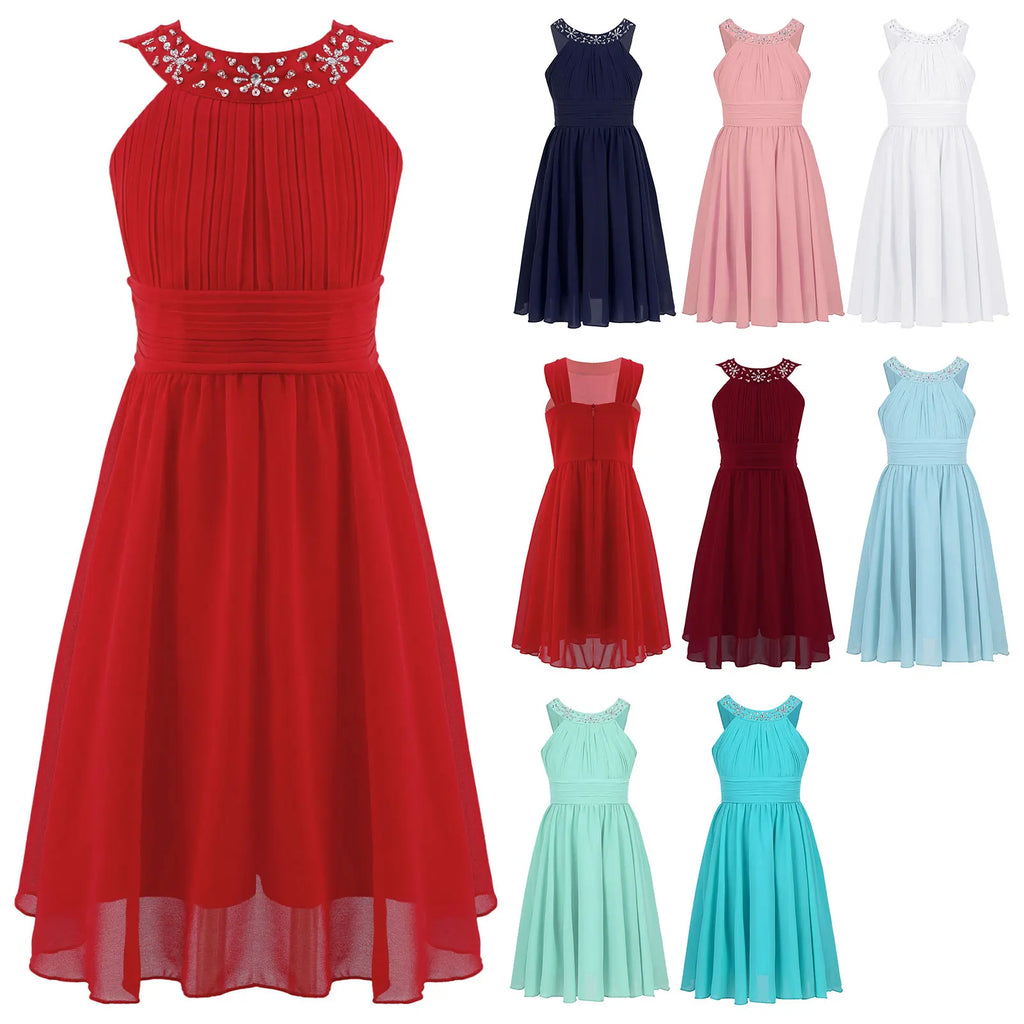 iEFiEL Kids Girls Children Teenager Wedding Princess Dress Elegant Party Pageant Formal Flower Shaped Rhinestone Chiffon Dress