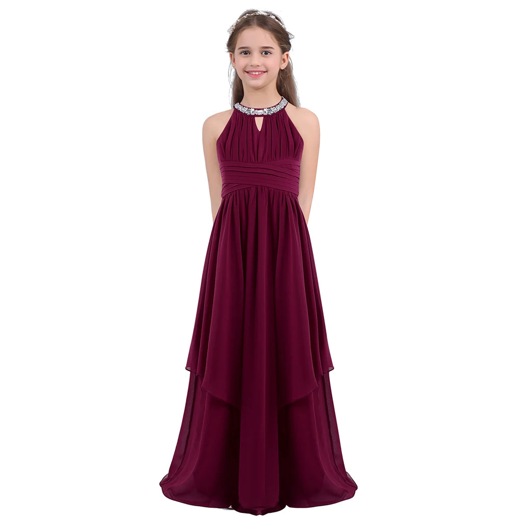 Chiffon Flower Girls Dress Floor-Length Sleeveless Wedding Party Dress Sequined Halter Flower Girl Dress Princess Pageant Dress
