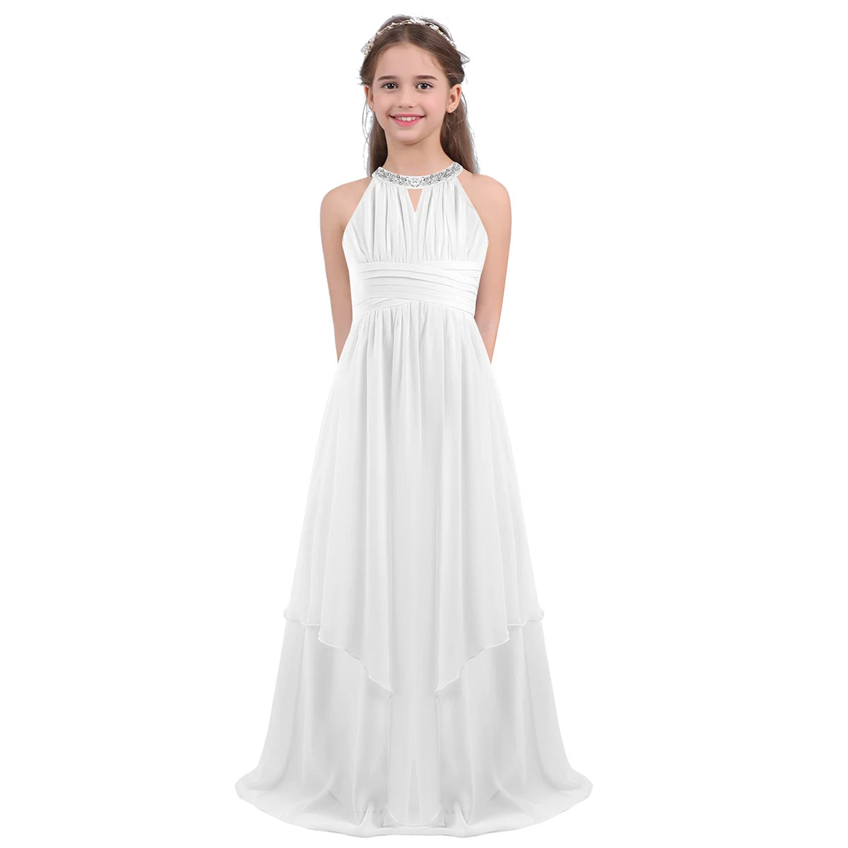 Chiffon Flower Girls Dress Floor-Length Sleeveless Wedding Party Dress Sequined Halter Flower Girl Dress Princess Pageant Dress