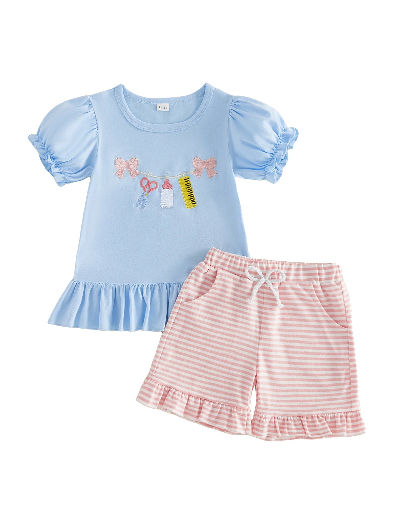 Girl s Back to School Outfit Cute Ruler Bow Embroidered Short Sleeve Ruffle T-Shirt with Matching Striped Shorts - 2 Piece