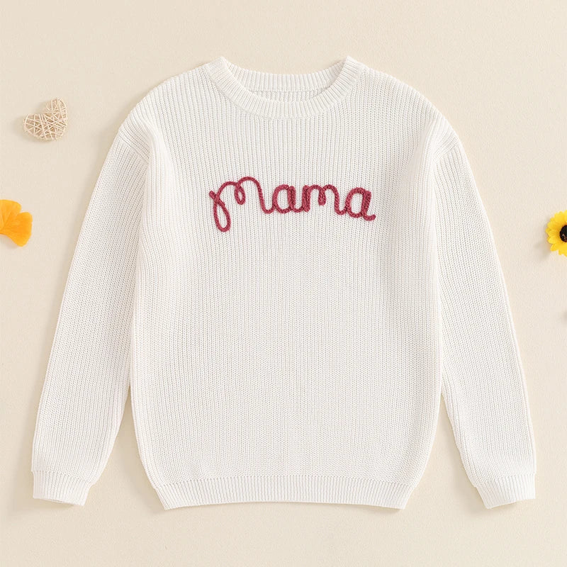 Family Matching Sweaters Mommy and Me Letter Embroidery Round Neck Knitwear Comfortable Warm Tops