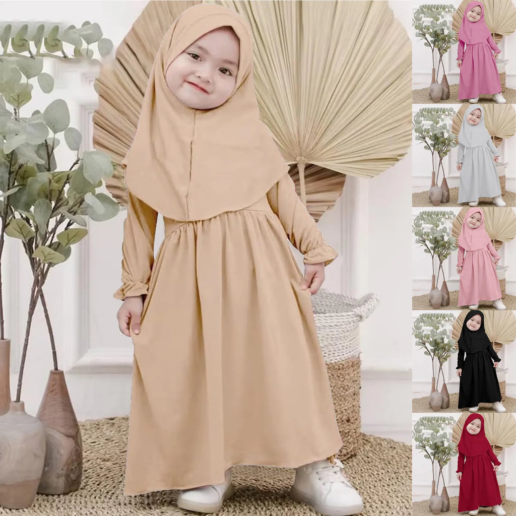 Baby Girl Auntie Outfits Muslim Abaya And Headscarf Set For Girls Pure Color Robe With Hijab Clothes for Girls 2t