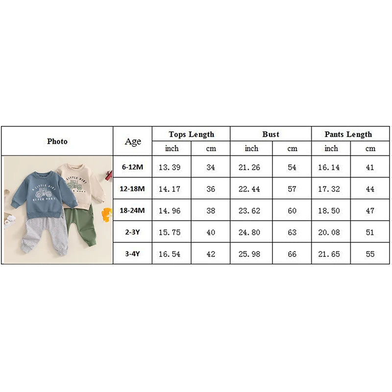 2024-05-27 Lioraitiin Baby Boy Fall Outfits Long Sleeve Tractor Letter Print Tops + Pants Set Toddler Winter Warm Clothes