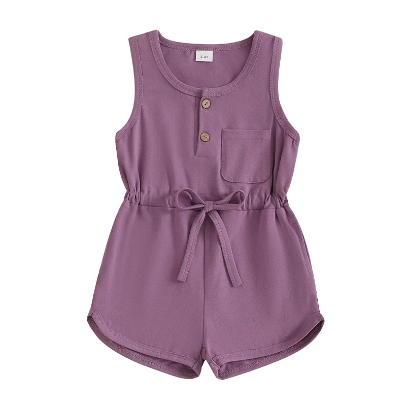 2024-12-04 Lioraitiin Litter Girls Summer Casual Jumpsuit Sleeveless Crewneck Solid Color Drawstring Tank Romper