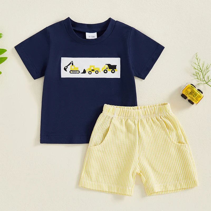 2024-12-10 Lioraitiin Toddler Baby Boy Shorts Set Tractor Embroidery Short Sleeve T-shirt Striped Shorts 2Pcs Summer Outfit
