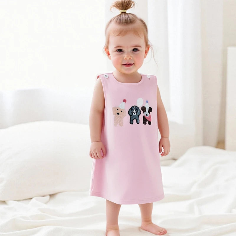 2025-04-01 Lioraitiin Toddler Baby Girl Birthday Dress Dog Embroidered Round Neck Sleeveless Tank Dress Cute Summer Clothes