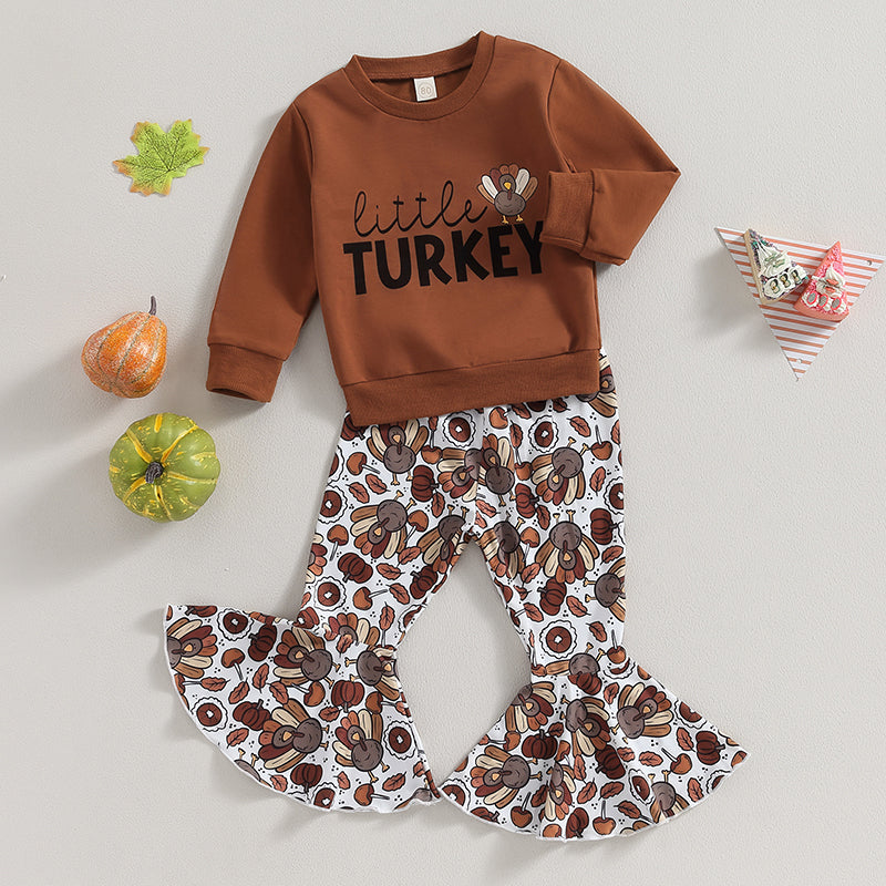 2023-07-28 Lioraitiin 0-5Years Baby Girl 2Pcs Thanksgiving Outfits Long Sleeve Sweatshirt Turkey Flare Pants Set