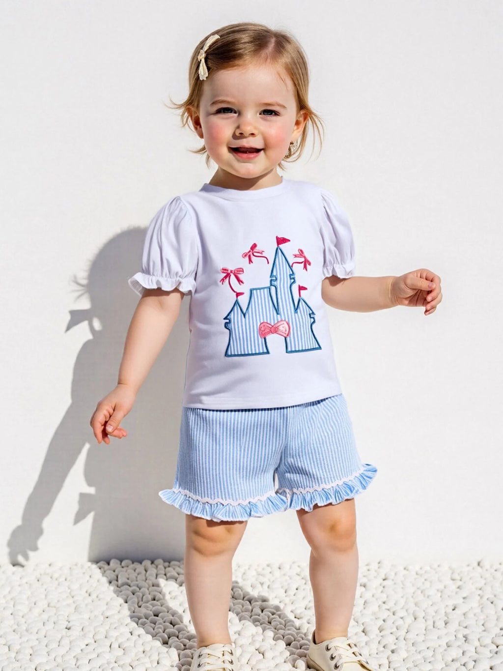 2025-04-06 Lioraitiin Toddler Girls Summer Outfit Bow Embroidery Short Sleeves T-Shirt and Elastic Striped Shorts Set Clothes