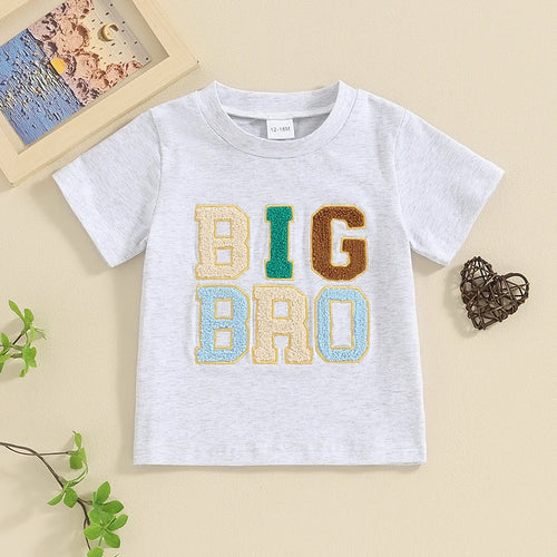 2024-01-11 Lioraitiin Summer Toddler Baby Boy T-Shirts Rompers BIG BRO Fuzzy Embroidered Letter Crewneck Short Sleeve Tops
