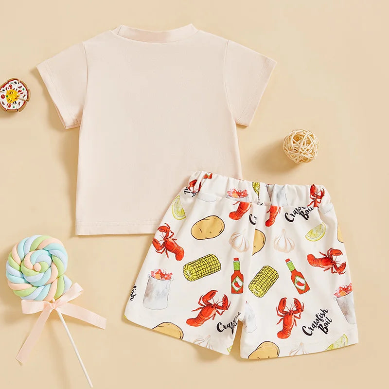 2024-12-10 Lioraitiin Kids Boys Summer Outfit Short Sleeve Crew Neck Embroidery T-shirt with Lobster Print Shorts Clothing Set