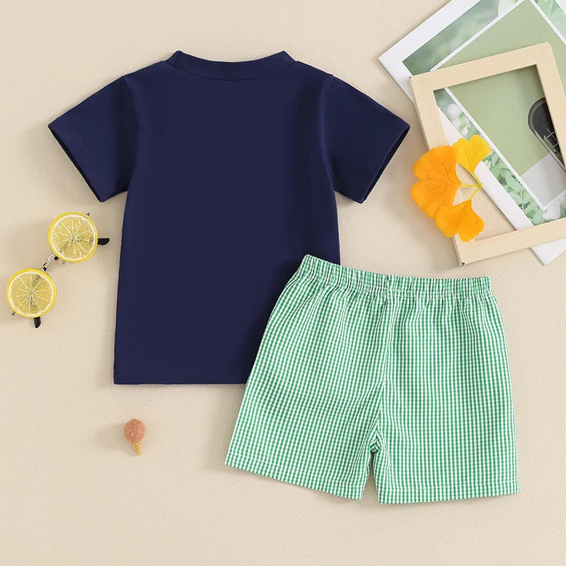 2024-03-18 Lioraitiin Toddler Boys Summer Outfits Golf Embroidered Short Sleeve Tops and Elastic Waist Plaid Shorts Clothes Set