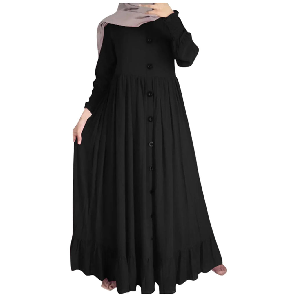 Women Muslim Dubai Abaya Turkey Hijab Dress Turkey Autumn Long Sleeve Buttons Down Sundress Islam Clothing Abayas Maxi Vestidos