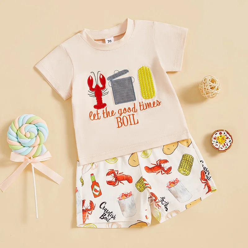 2024-12-10 Lioraitiin Kids Boys Summer Outfit Short Sleeve Crew Neck Embroidery T-shirt with Lobster Print Shorts Clothing Set