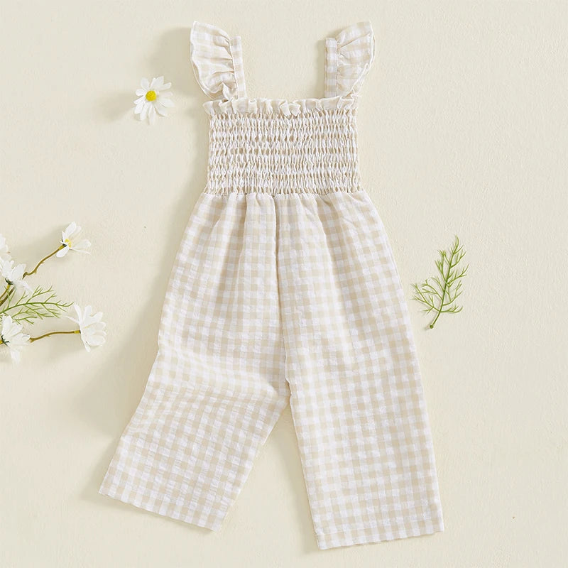 2025-01-06 Lioraitiin Baby Girl Rompers Ruffle Sleeveless Plaid Print Smocked Jumpsuit Suspender Pants Summer Outfit