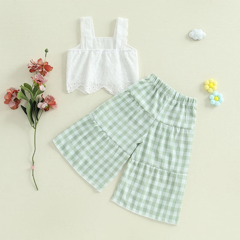 2024-12-02 Lioraitiin Toddler Girl Summer Clothes Eyelet Embroidery Cami Tops+Elastic Waist Plaid Print Wide Leg Pants 2Pcs Set