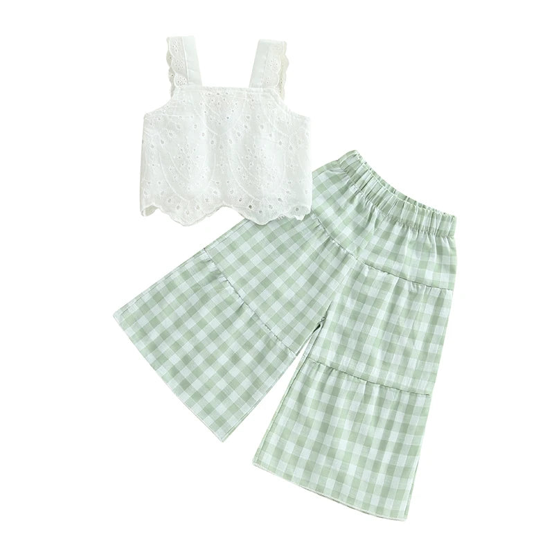 2024-12-02 Lioraitiin Toddler Girl Summer Clothes Eyelet Embroidery Cami Tops+Elastic Waist Plaid Print Wide Leg Pants 2Pcs Set