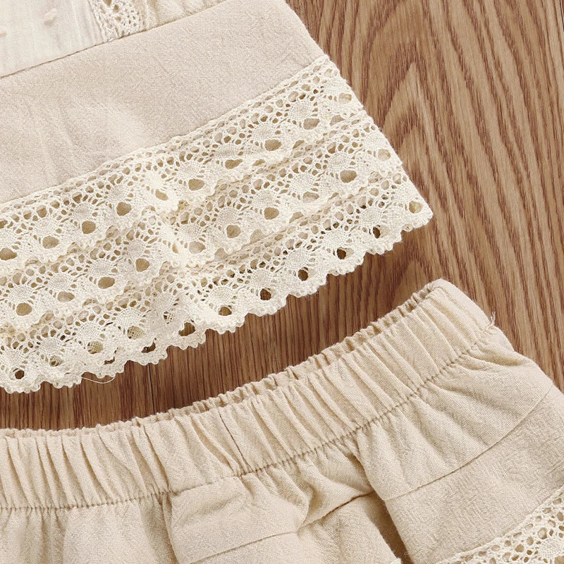Lioraitiin 0-4Years Toddler Baby Girl Summer Clothing Set Sleeveless Lace Pacthwork Solid Top Shorts 2Pcs Outfit