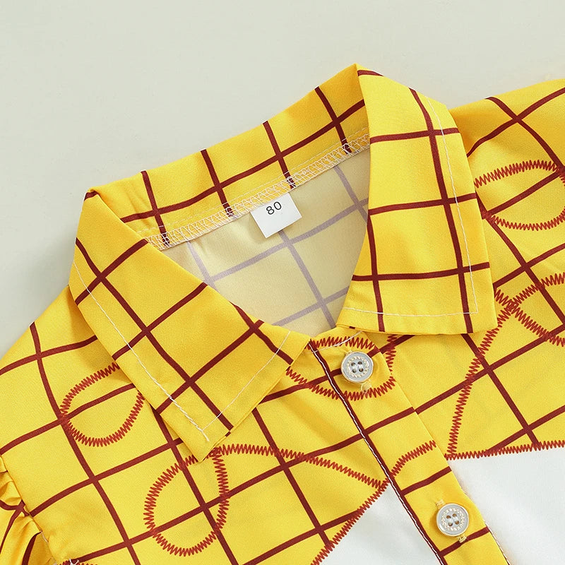2024-05-11 Lioraitiin Girls Summer Outfits Plaid Print Fly Sleeve Shirts Cow Pattern Ruffles Patchwork Denim Skirt Headband  Set