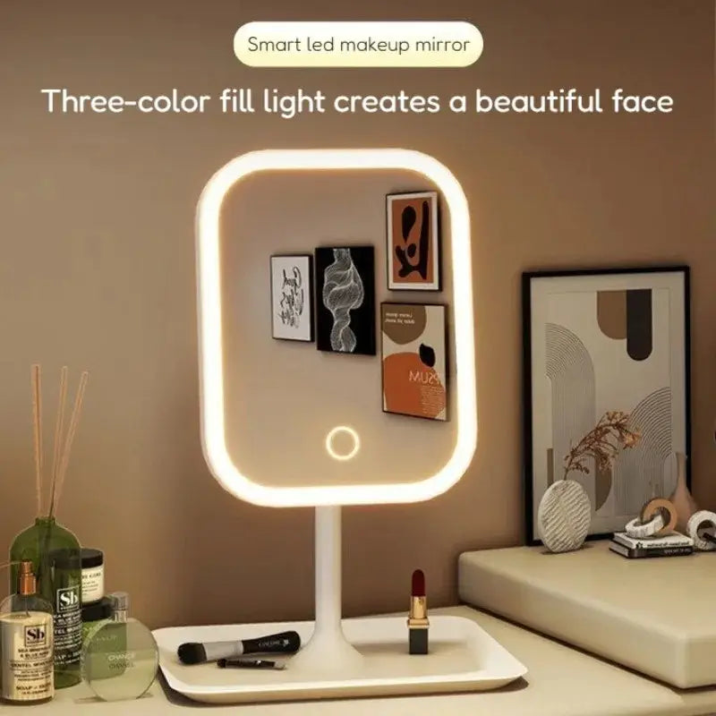 LED Touch-Control Vanity Makeup Mirror lit on desk