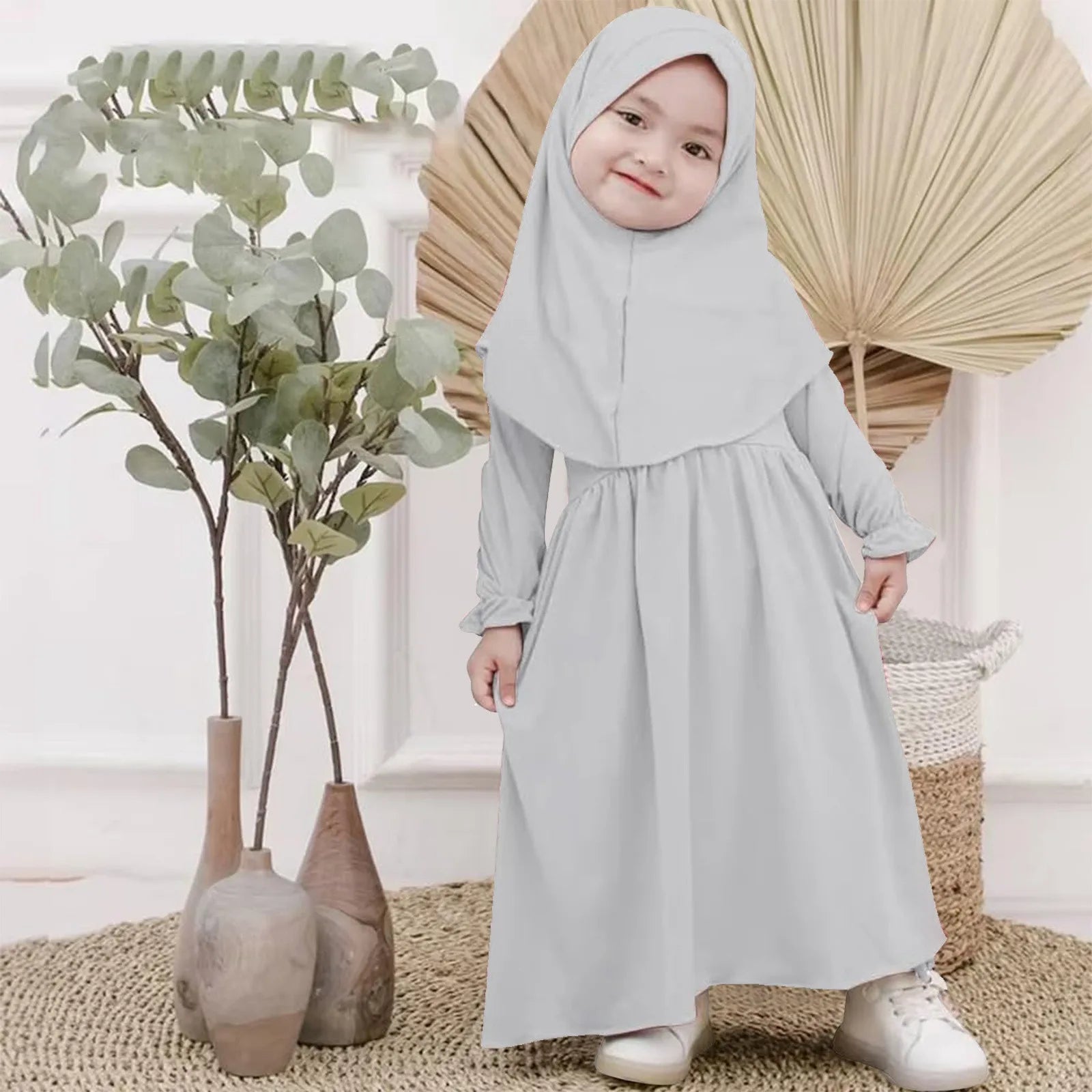 Baby Girl Auntie Outfits Muslim Abaya And Headscarf Set For Girls Pure Color Robe With Hijab Clothes for Girls 2t