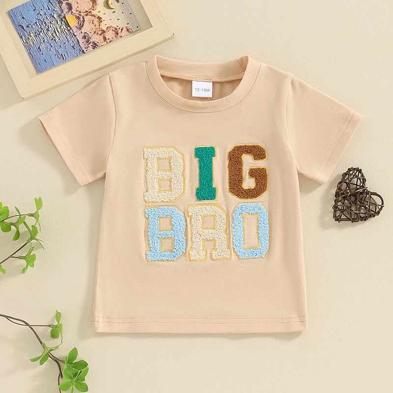 2024-01-11 Lioraitiin Summer Toddler Baby Boy T-Shirts Rompers BIG BRO Fuzzy Embroidered Letter Crewneck Short Sleeve Tops
