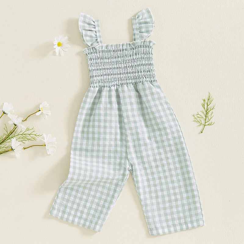 2025-01-06 Lioraitiin Baby Girl Rompers Ruffle Sleeveless Plaid Print Smocked Jumpsuit Suspender Pants Summer Outfit