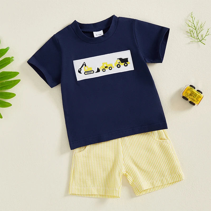 2024-12-10 Lioraitiin Toddler Baby Boy Shorts Set Tractor Embroidery Short Sleeve T-shirt Striped Shorts 2Pcs Summer Outfit