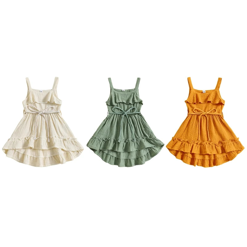 2024-05-07 Lioraitiin Baby Girl Summer Dress Casual Sleeveless Square Neck Belted Dress Toddler A-Line Dress