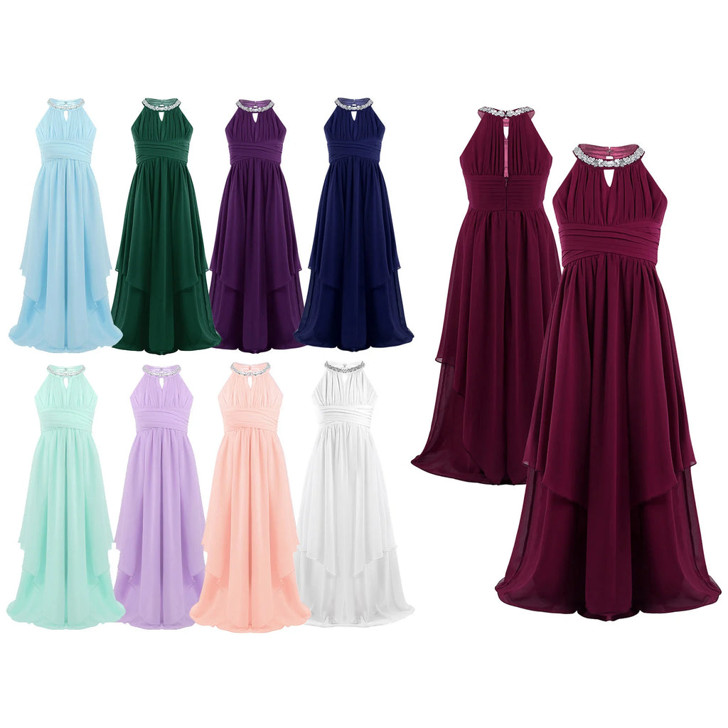 Chiffon Flower Girls Dress Floor-Length Sleeveless Wedding Party Dress Sequined Halter Flower Girl Dress Princess Pageant Dress
