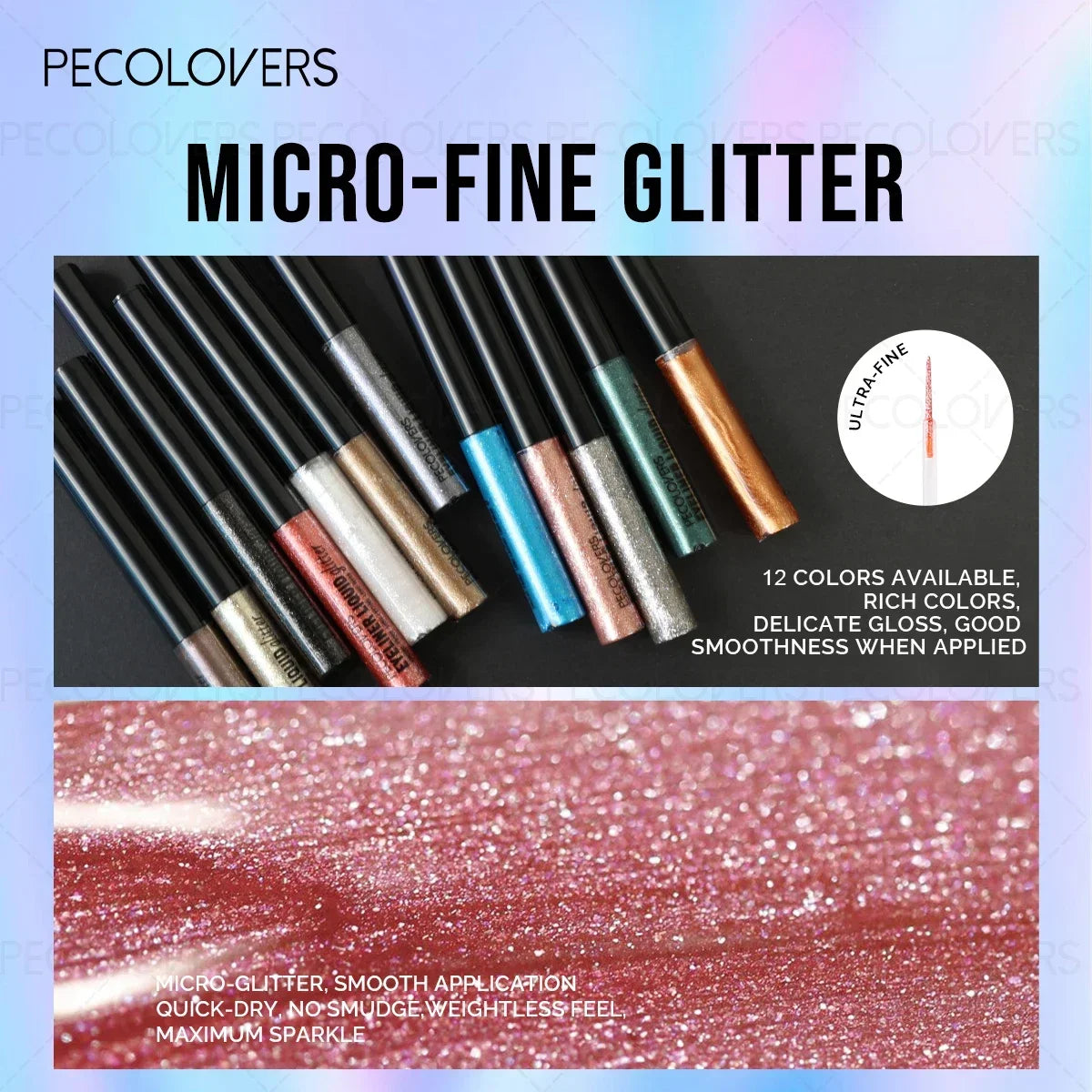 16-Shade Pearlescent Glitter Eyeliner - row of 12 glitter shade pens with color swatch