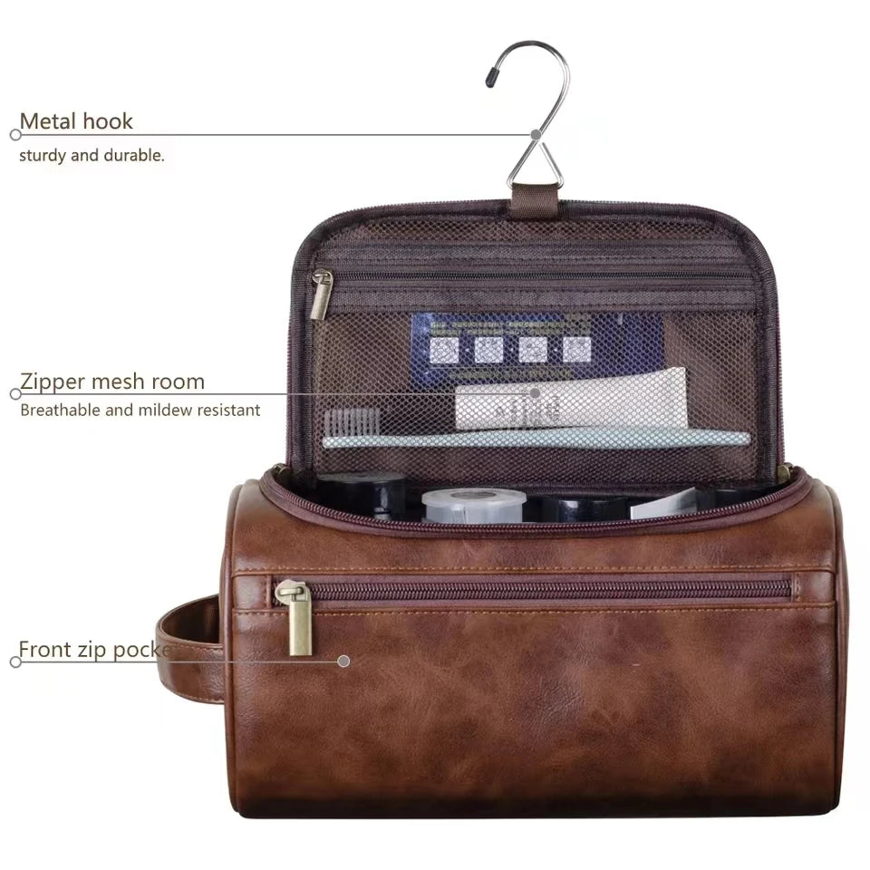 Hanging Leather Travel Toiletry Bag interior compartments