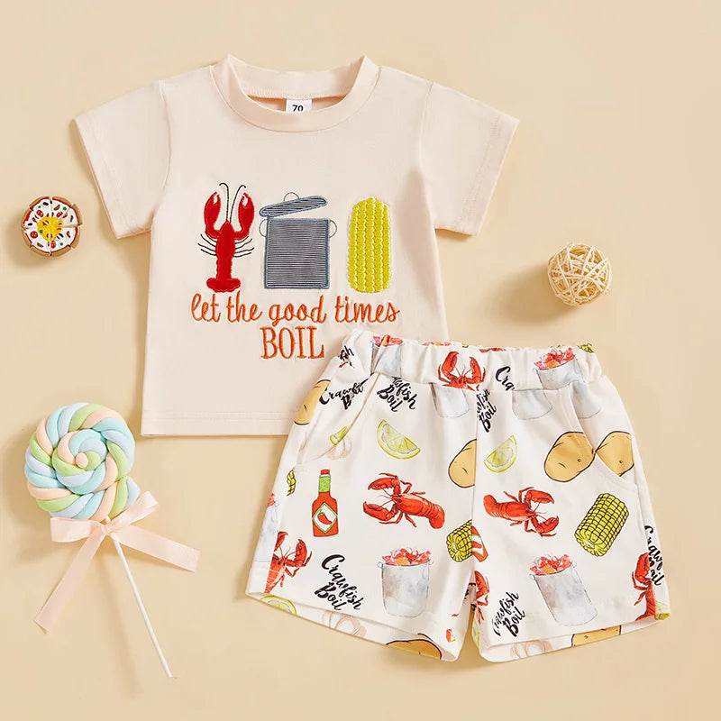 2024-12-10 Lioraitiin Kids Boys Summer Outfit Short Sleeve Crew Neck Embroidery T-shirt with Lobster Print Shorts Clothing Set