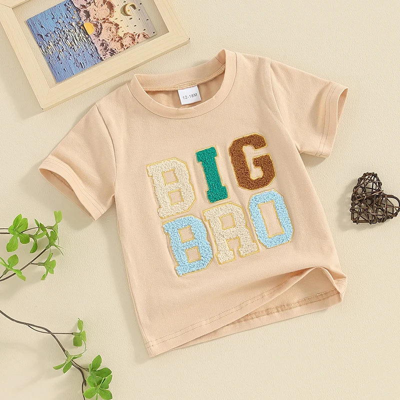 2024-01-11 Lioraitiin Summer Toddler Baby Boy T-Shirts Rompers BIG BRO Fuzzy Embroidered Letter Crewneck Short Sleeve Tops