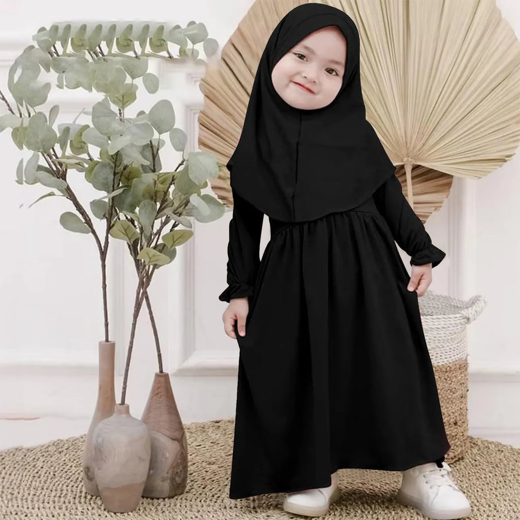 Baby Girl Auntie Outfits Muslim Abaya And Headscarf Set For Girls Pure Color Robe With Hijab Clothes for Girls 2t