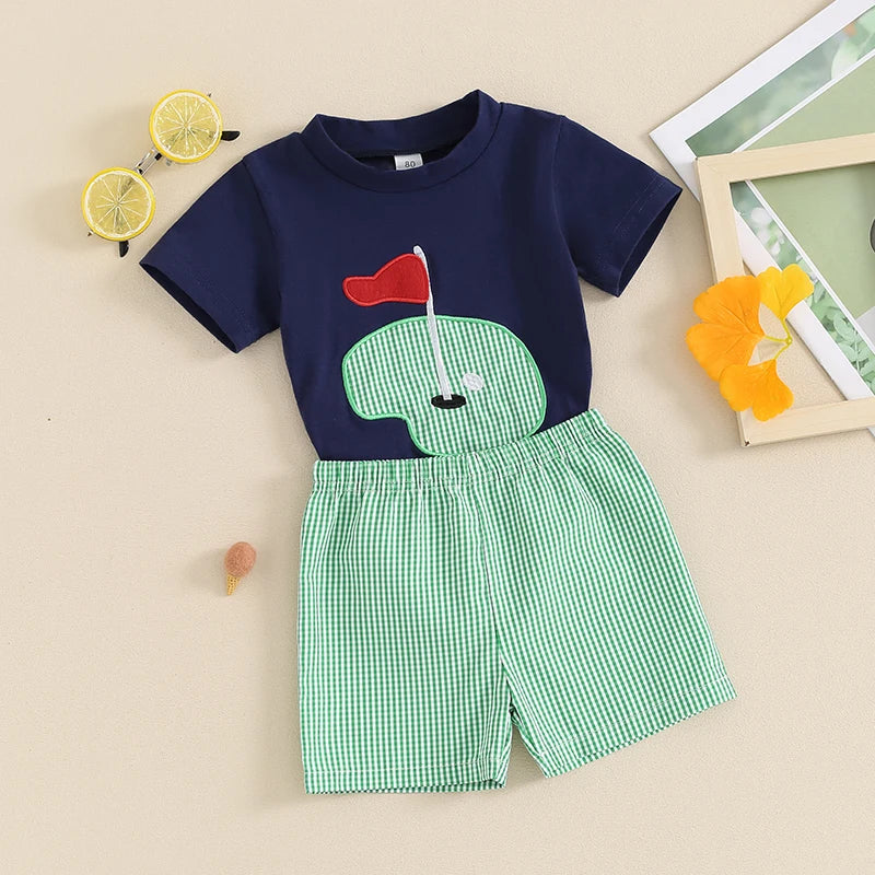 2024-03-18 Lioraitiin Toddler Boys Summer Outfits Golf Embroidered Short Sleeve Tops and Elastic Waist Plaid Shorts Clothes Set