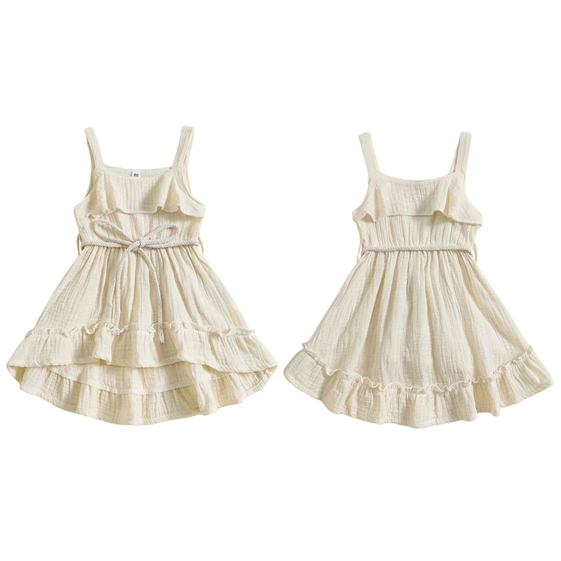 2024-05-07 Lioraitiin Baby Girl Summer Dress Casual Sleeveless Square Neck Belted Dress Toddler A-Line Dress