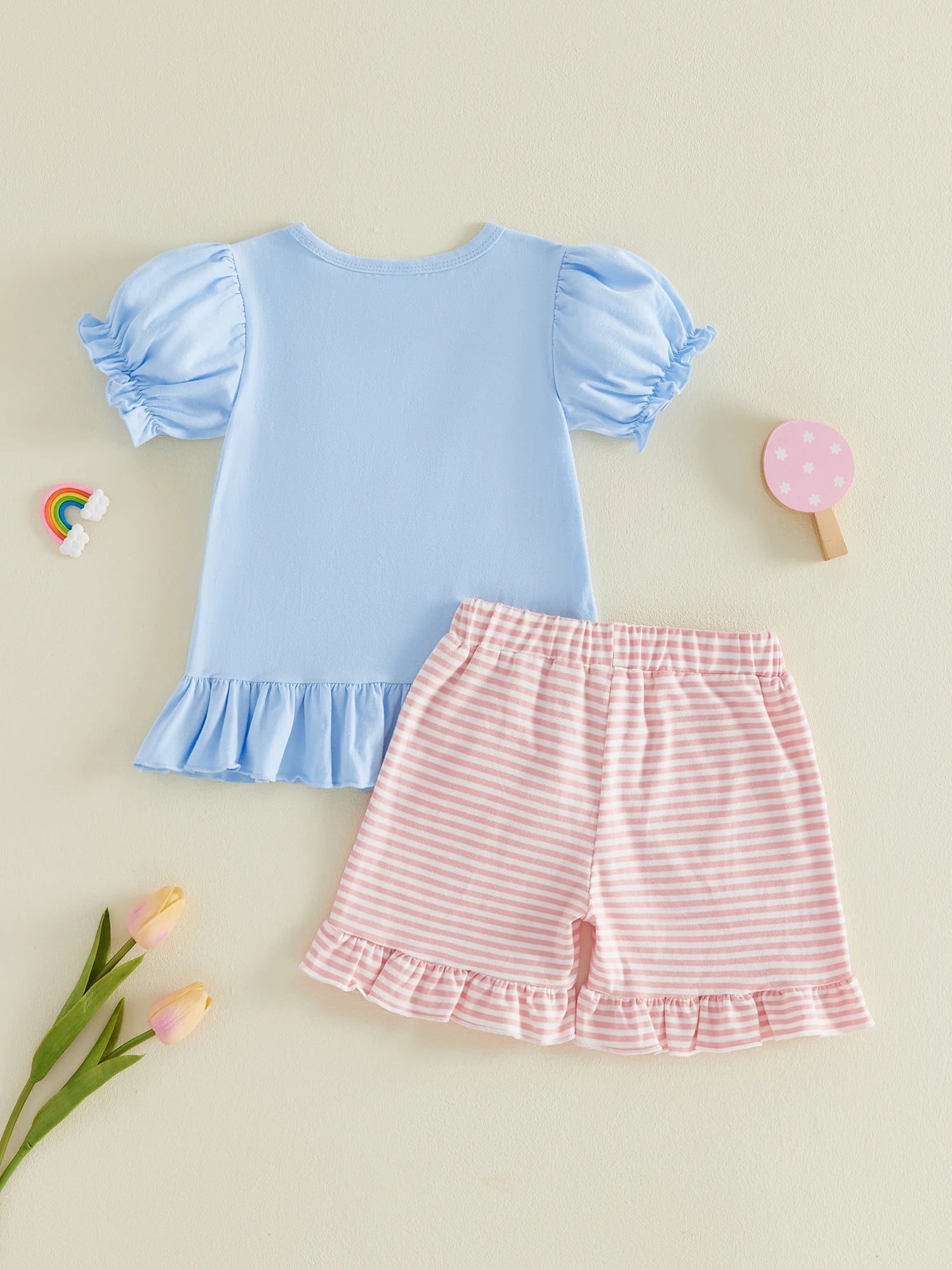 Girl s Back to School Outfit Cute Ruler Bow Embroidered Short Sleeve Ruffle T-Shirt with Matching Striped Shorts - 2 Piece