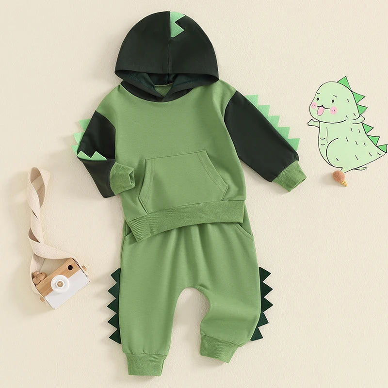 2024-05-27 Lioraitiin Toddler Boy Dinosaur Outfits, Contrast Color Long Sleeve Hoodie Elastic Waist Pants 2 Piece Set for Fall