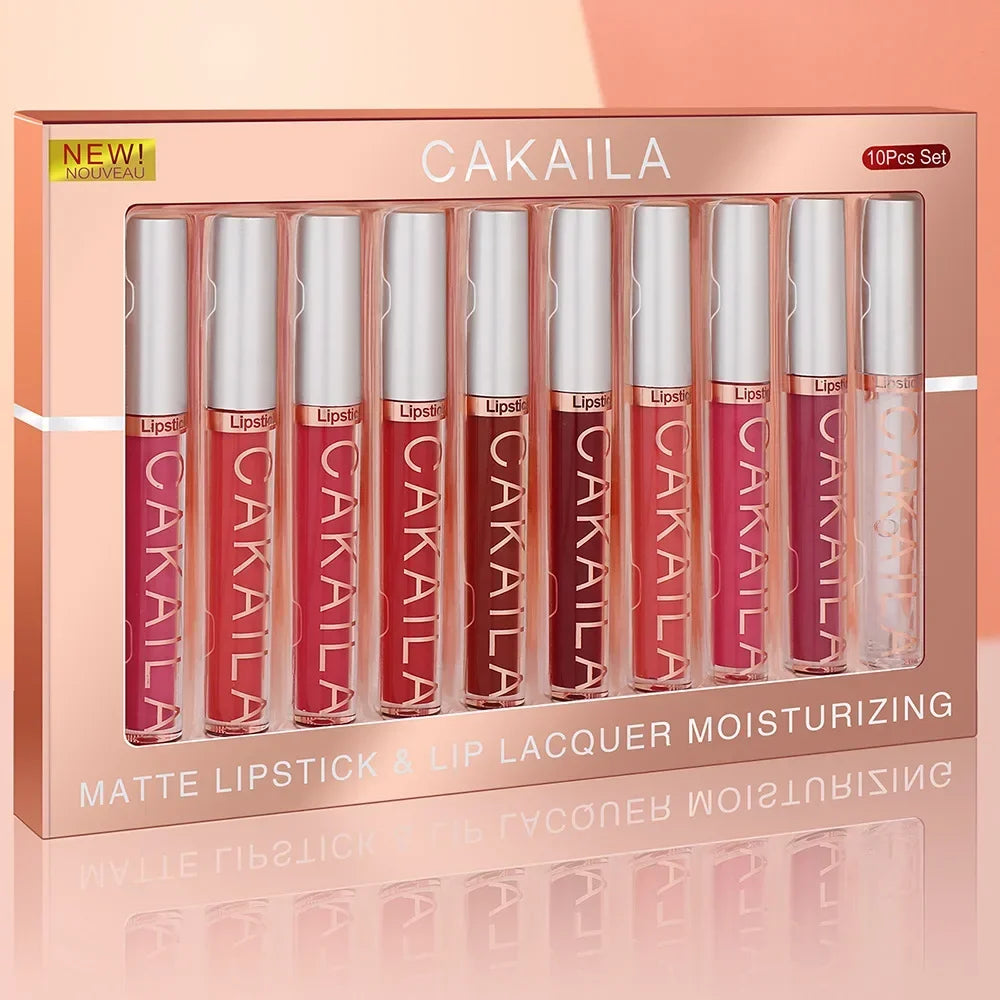 CAKAILA 6-Shade Matte Lip Gloss Set - open box showing 10 lip gloss tubes