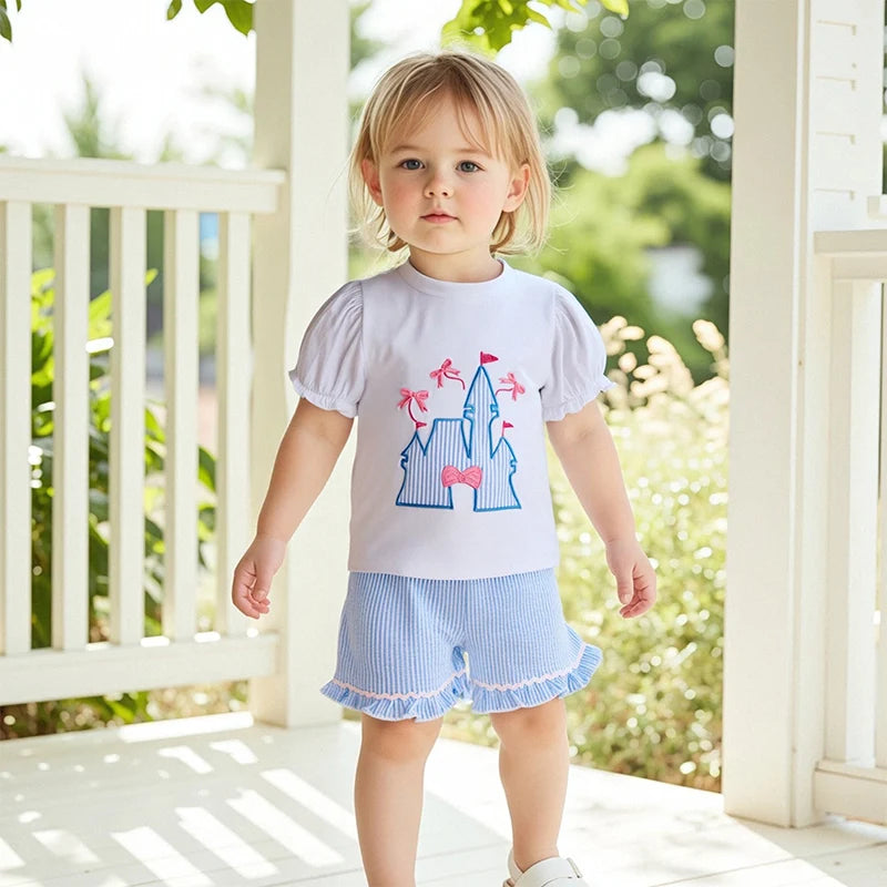 2025-04-06 Lioraitiin Toddler Girls Summer Outfit Bow Embroidery Short Sleeves T-Shirt and Elastic Striped Shorts Set Clothes
