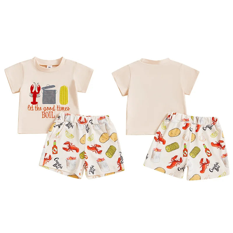 2024-12-10 Lioraitiin Kids Boys Summer Outfit Short Sleeve Crew Neck Embroidery T-shirt with Lobster Print Shorts Clothing Set