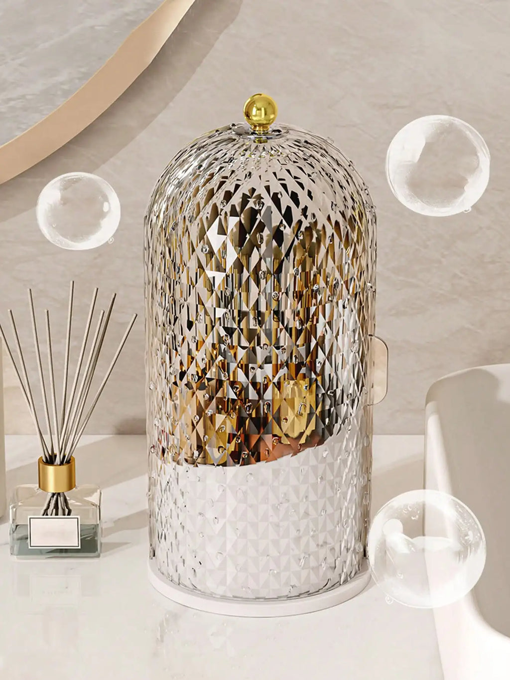 Transparent Sliding Door Birdcage Cosmetic Storage Box 360° Rotatable Makeup Brush Organizer Holder Multi Compartment Vanity Storage For Lip Liner Eyebrow Tools Makeup Brushes 1 Piece