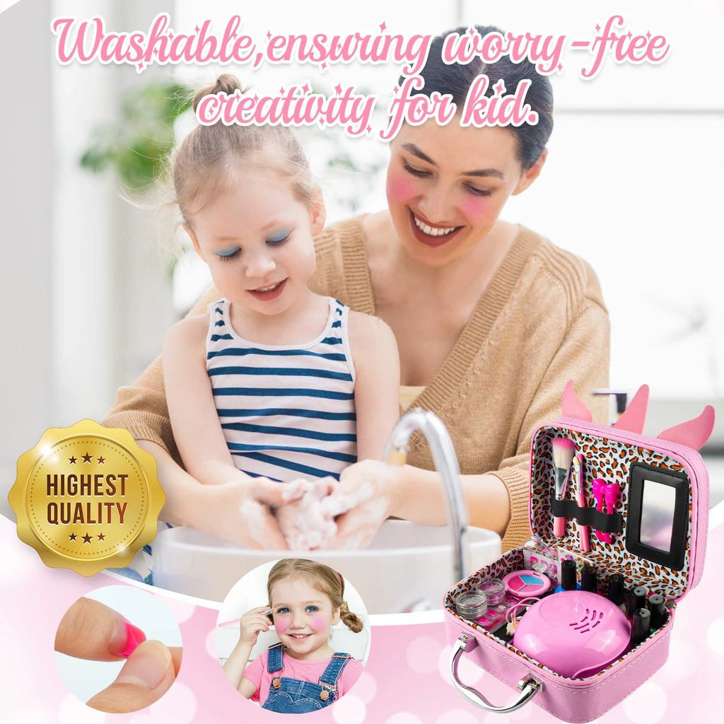 Kids Washable Makeup Kit& Nail Polish Kit for Girl, Kids Play Makeup Set Nail Art Princess Make Up Pretend Play Christmas Birthd