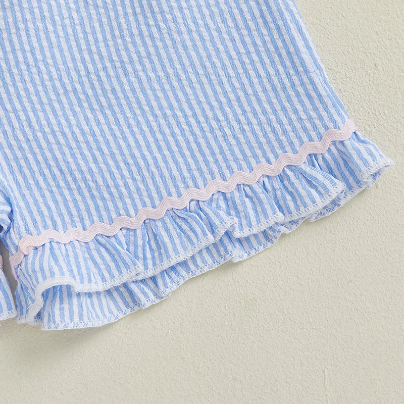 2025-04-06 Lioraitiin Toddler Girls Summer Outfit Bow Embroidery Short Sleeves T-Shirt and Elastic Striped Shorts Set Clothes
